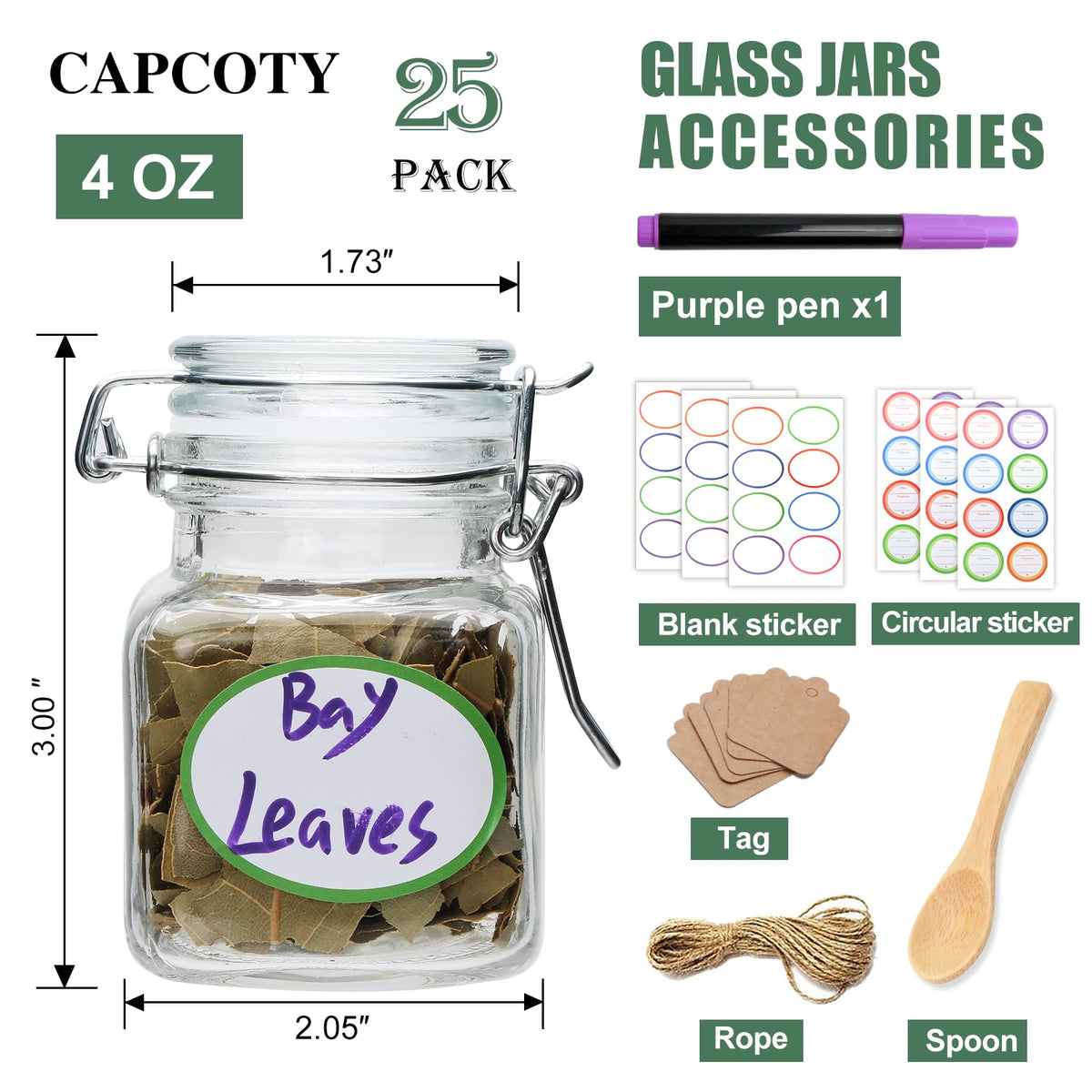 Brajttt 4 oz Spice Jars with Labels,25 Pack Small Glass Jars with Lids,Small Glass Containers with Airtight Hinged Lid for Home Kitchen, Arts & Crafts Projects, Spices, Decoration, Snack Foods
