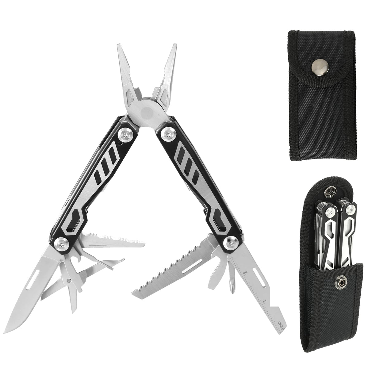 16-in-1 Compact Multitool, Full-Size, Multi Tool for DIY, High-Grip Black Handle - EDC/Hiking/Garden Essential/Outdoors