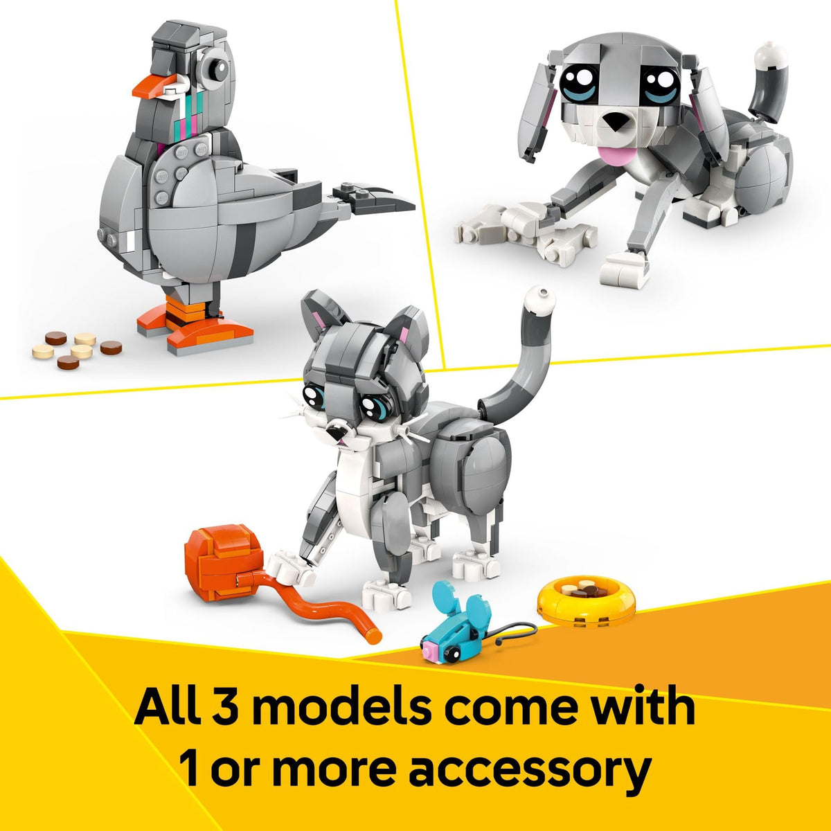 LEGO Creator 3 in 1 Playful Cat Toy - Building Toy with 3 Building Options, Cat, Dog, or Pigeon - Birthday Gift for Kids - Animal Figures for Kids, Girls and Boys, Ages 8+ - 31163