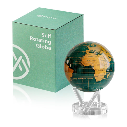 MOVA Globe - Emerald Green and Gold Signature (6") | Solar-Powered Motion | No Batteries | Gift for Desk, Home, or Office | Modern Map Accent for Home or Office