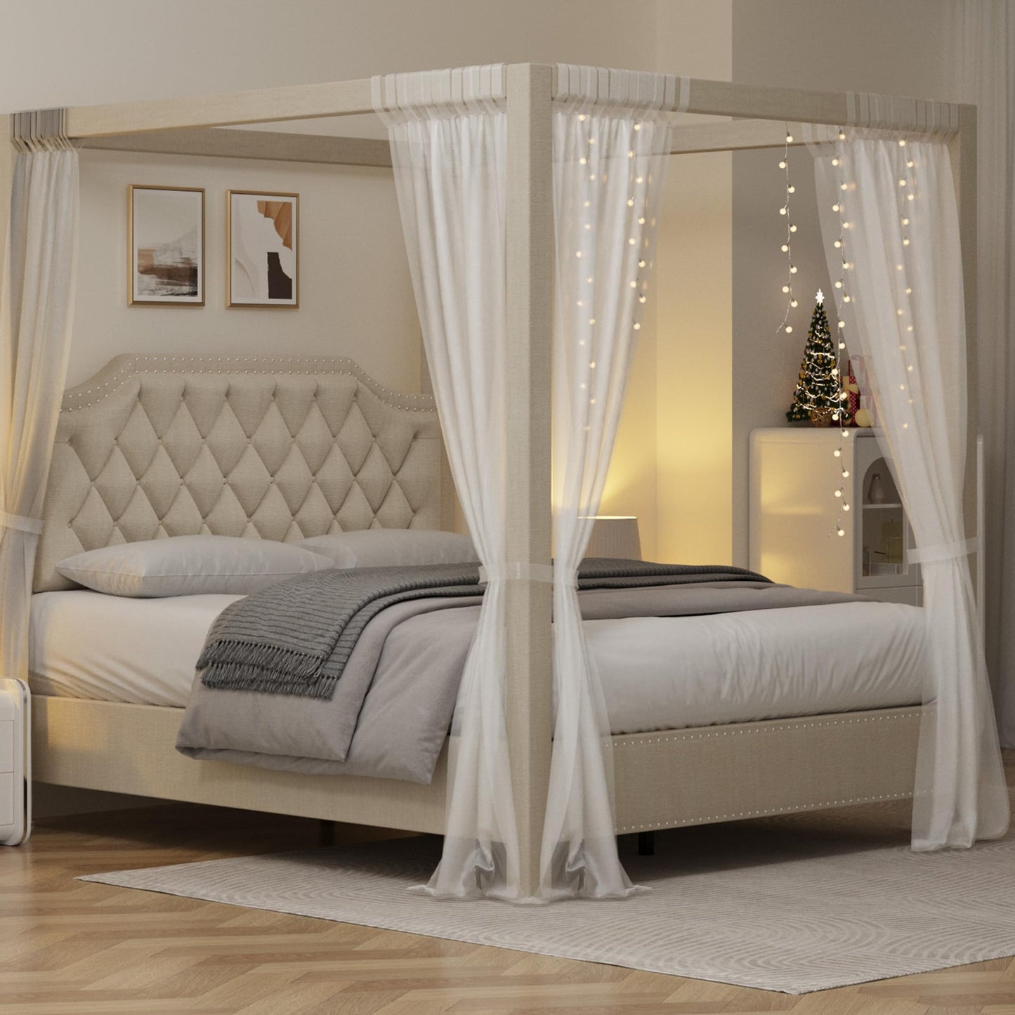 GarveeHome Upholstered Canopy Bed Frame Queen Size with headboard, Button Tufted, Nailhead Trim Design, No Box Spring Required, Beige(Shipped in 2 Boxes)