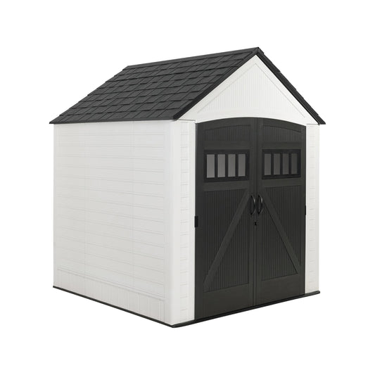 Rubbermaid Resin Outdoor Storage Shed With Floor (7 x 7 Ft) Weather Resistant, White, Organization for Home/Backyard/Garden Tools/Lawn Mower/Bike Storage/Pool Supplies