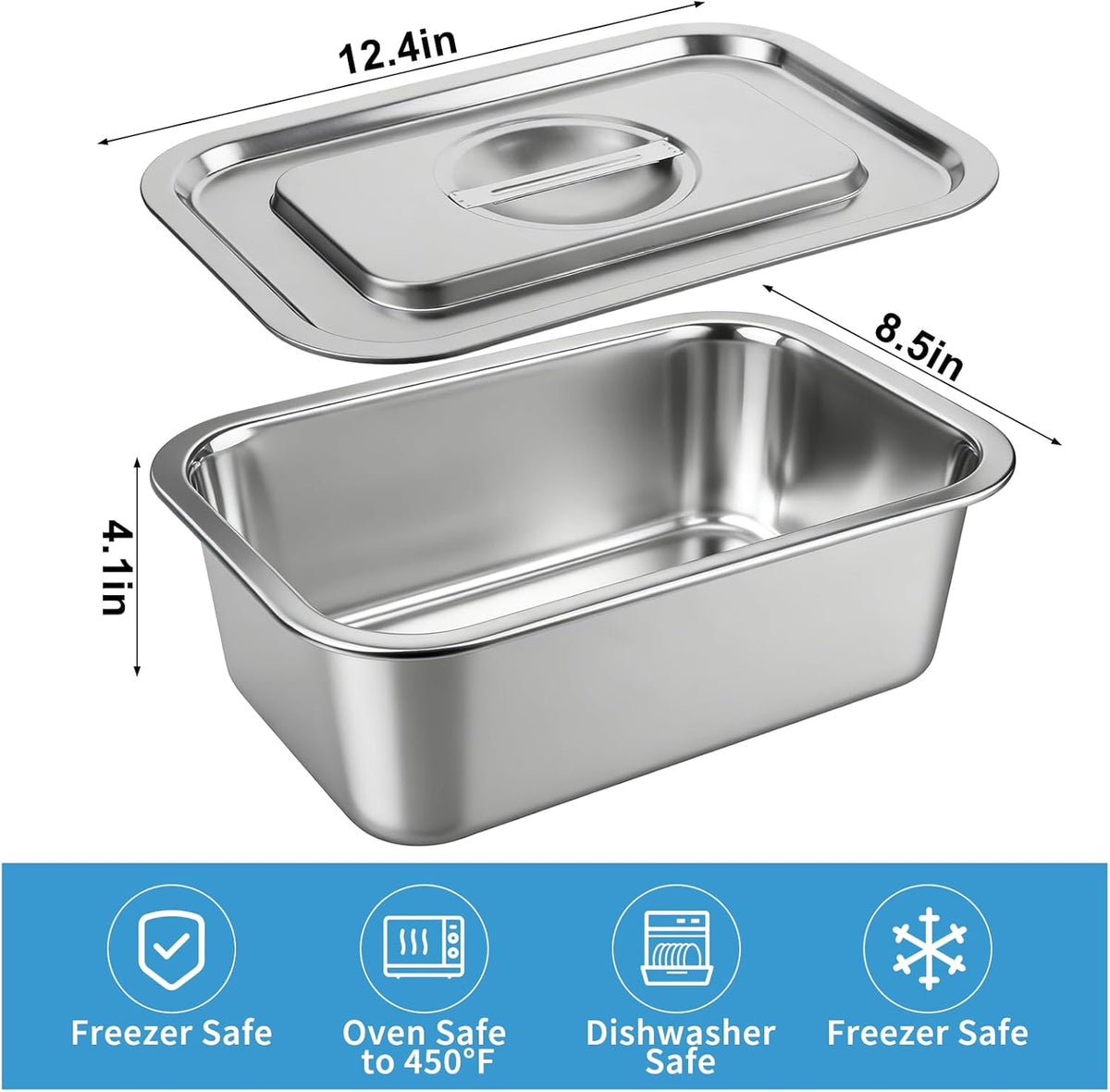 Skiennix 4-Inch Extra Deep Lasagna Baking Pan - 304 Stainless Steel with Lid | 8.5x12.4 Inch, Silver