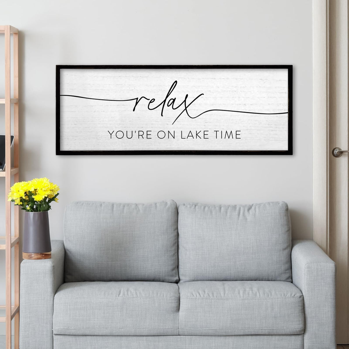TQianJiang Relax You're On Lake Time Wall Decor 32"×12" Lakeside Quote Sign Lake House Decor for Living Room Bedroom Large Rustic Wooden Framed Wall Hanging Art (Black)