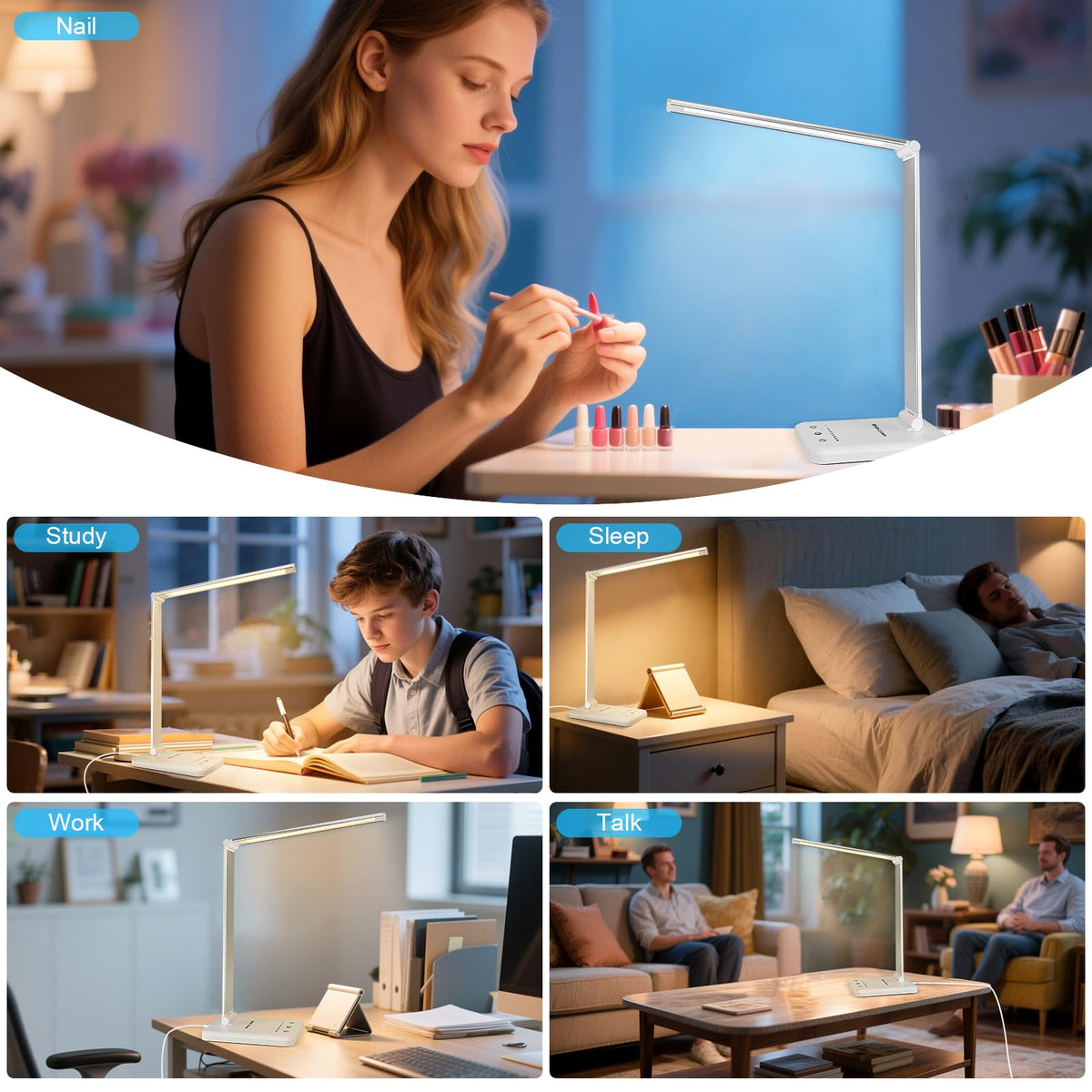 White crown LED Desk Lamp Dimmable Table Lamp Reading Lamp with USB Charging Port, 5 Lighting Modes, Sensitive Control, 30/60 Minutes Timer (White, First-Generation)