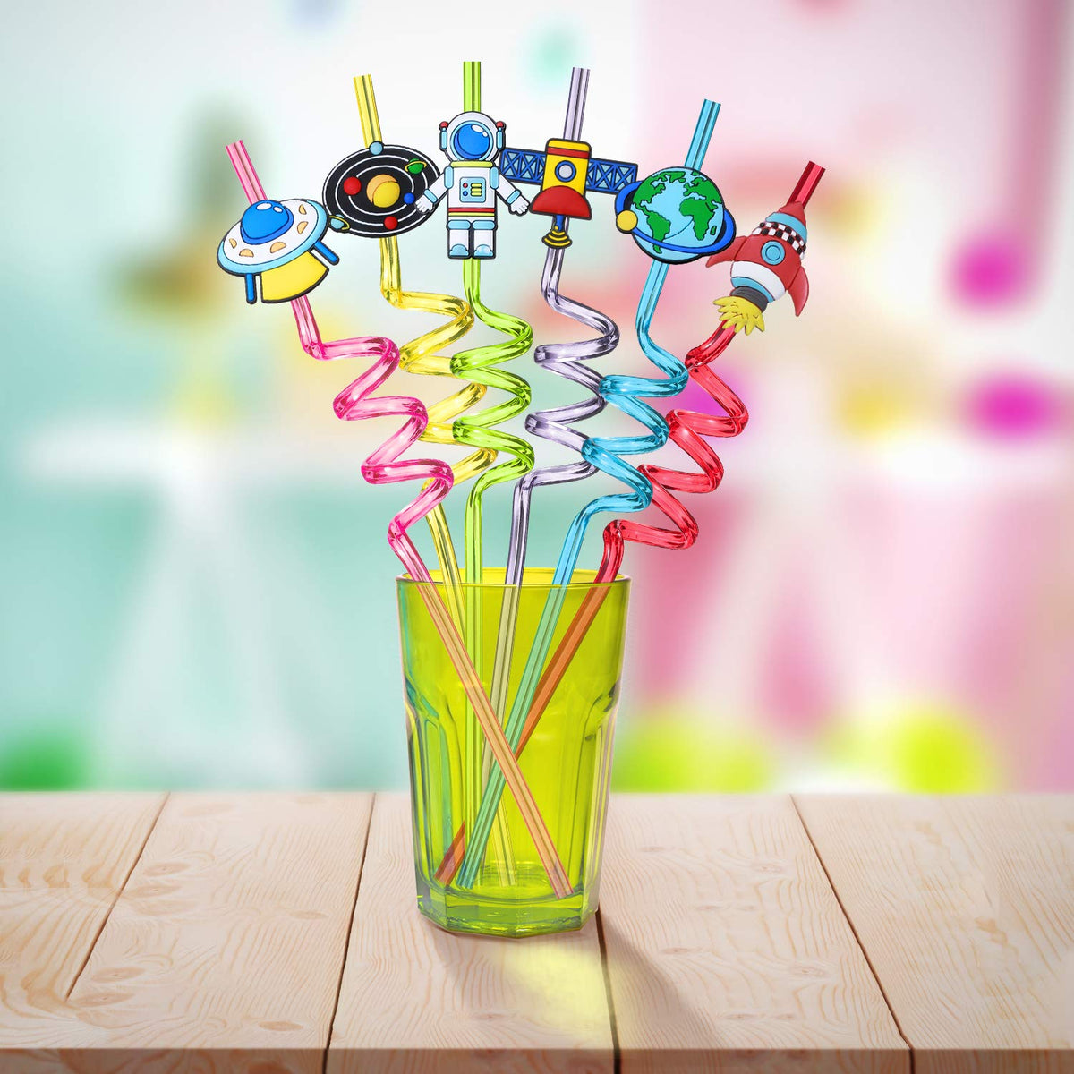 Outer Space Straws Party Favors for Theme Birthday Party Supplies with 2 Cleaning Brush | Solar System Rocket Spaceship Astronaut Satellite Planet Attachments (24+2)