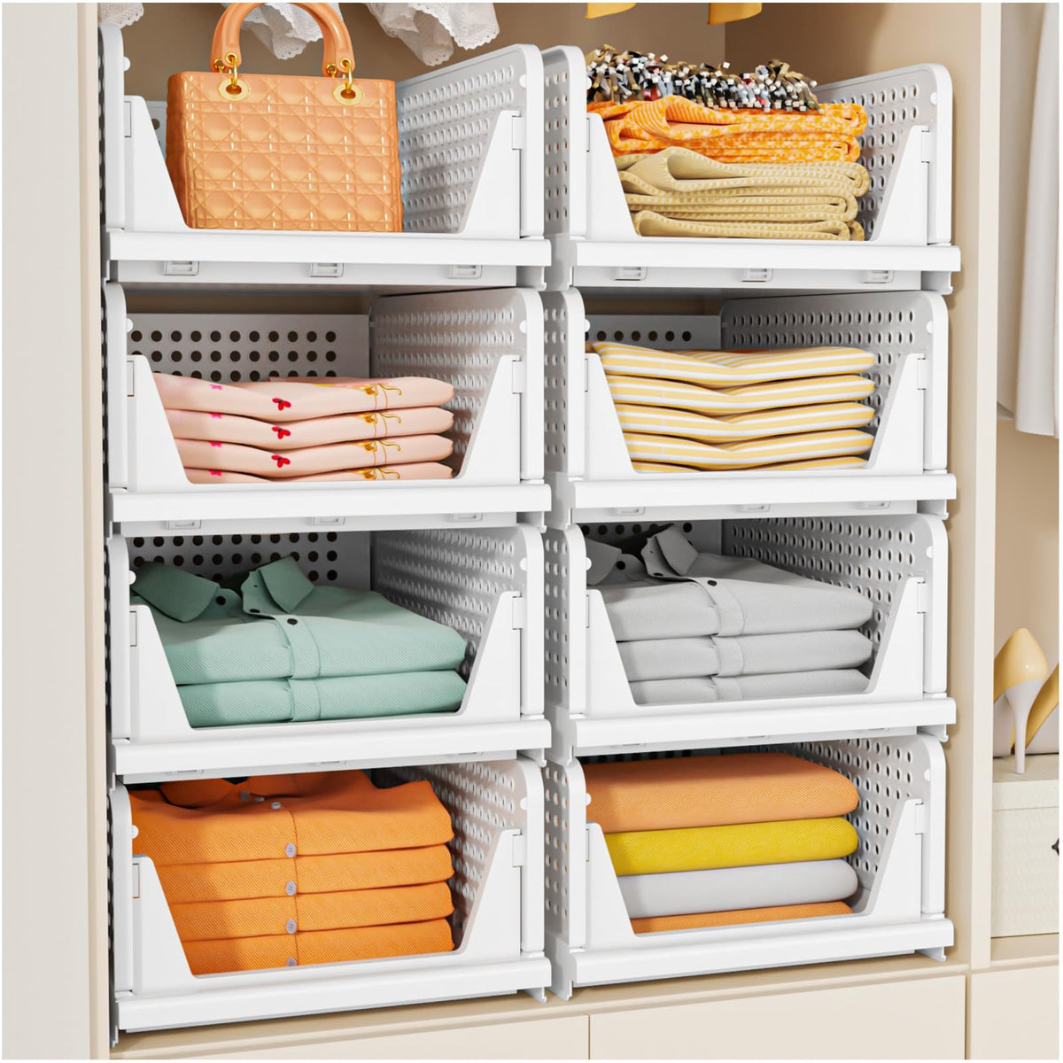 SNSLXH 5 Pack Stackable Closet Storage Basket, Multifunctional & Foldable Closet Organizer for Bathroom Kitchen Laundry Room Wardrobe Storage, Space-Saving Clothes Storage Drawer Organizer, White