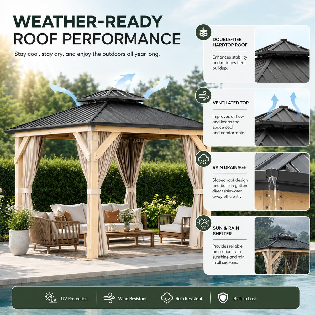 10x10 FT Hardtop Gazebo Outdoor Wooden Pavilion with Cedar Wood Frame Double Galvanized Steel Roof Netting and Curtains Heavy Duty Weather Resistant Patio Shelter for Garden Backyard Khaki