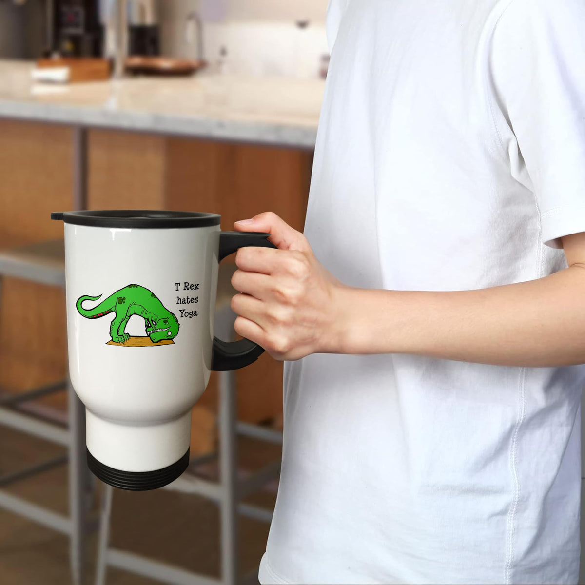 3dRose T Rex Hates Yoga, Travel Mug, 14-Ounce, Stainless Steel