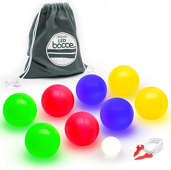 GoSports LED Bocce Ball Game Set - Includes 8 Light Up Bocce Balls, Pallino, Case and Measuring Rope - Choose 85 mm or 100 mm