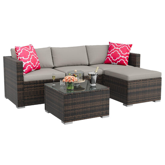 GAOMON 5-Piece All-Weather Patio Furniture Set, Convertible Outdoor Sectional Sofa with Ottoman & Tempered Glass Table, PE Rattan Conversation Set for Garden, Backyard, Porch, Poolside