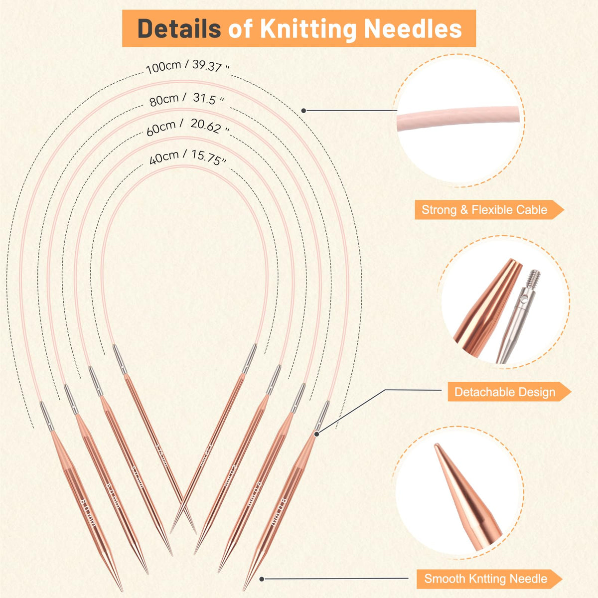 Aeelike Interchangeable Knitting Needles Set, Strictly Inspected 13 Pairs Aluminum Circular Knitting Needles (3.0-10.0mm) with 4 Flexible Cords for Blankets and Small Projects, Ideal Kninting Gift