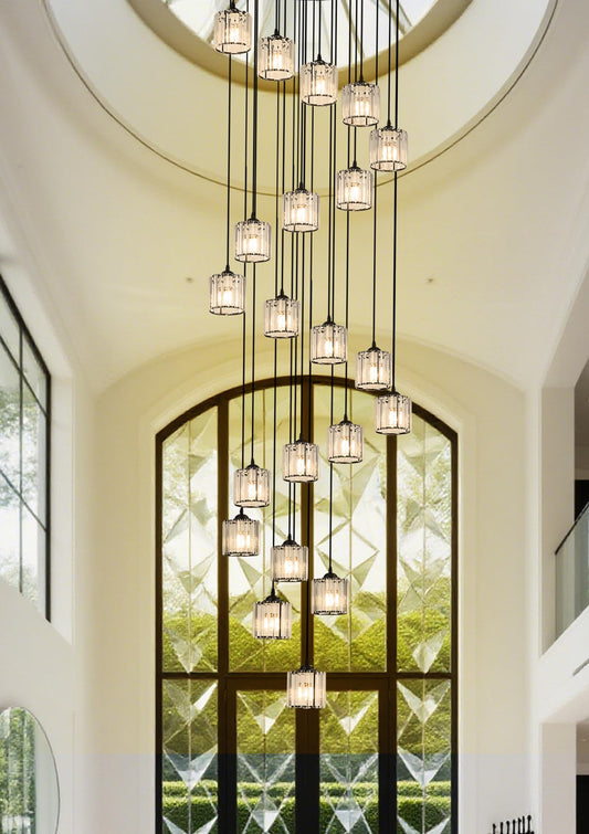 Meimond Long Chandeliers for High Ceilings,Modern Crystal Pendant Light,Raindrop Drop Lamp,Hanging Flush Mount Lighting Fixtures for Spiral Staircase,Foyer,Entryway,Living Room,Black (21 Lights)
