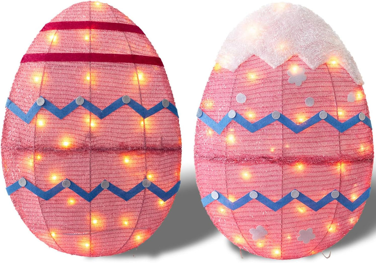 Skiennix Outdoor Easter Decorations - Set of 2 Lighted Metal Eggs, 34 Inch, Plug-In LED Lights for Lawn & Garden