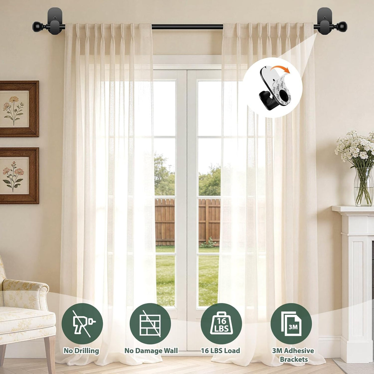 USFOOK No Drill Curtain Rods - 48 to 84 Inches | 5/8 Inch Adhesive Drapery Rod with Round Finials