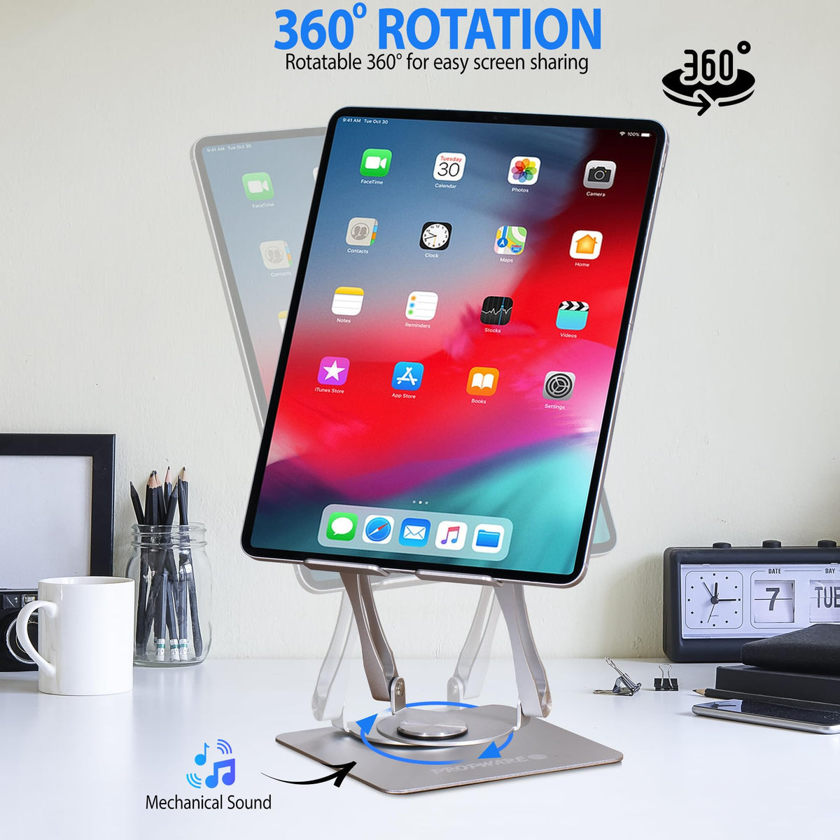 Propware Swivel Tablet Stand for iPad/Kindle/PS/Switch/iPhone 13"-4.7" Holder, Adjustable Tablet Stand for Desk, Kitchen, PC Office Accessories for Desk, Men, Women, iPad Accessories