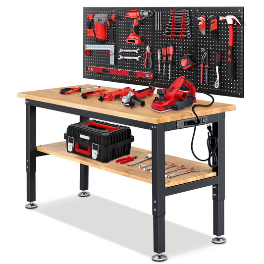 ENJOYWOOD 60" x 22" Adjustable Height Workbench with Under Table Shelf Heavy Duty Rubberwood Top Work Table for Garage, Workshop, Office & Home