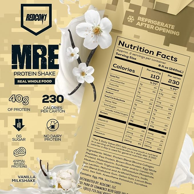 REDCON1 MRE Ready to Drink Protein Shakes, Vanilla Milkshake - Protein Drinks with Whole Food Sources - Sugar Free RTD Shake Formulated to Fuel Athletes at Any Time (12 Pack)