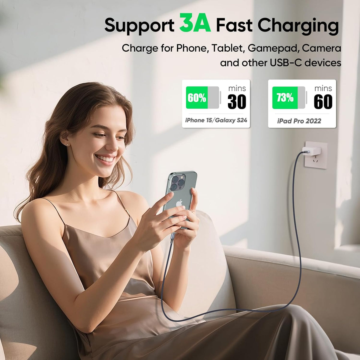 20ft 3.0 5Gbps 3A 17/16/15, Xbox/PS5 FEMORO USB C Cable Extra Long, USB Data Transfer & Charging A to Type-C Braided