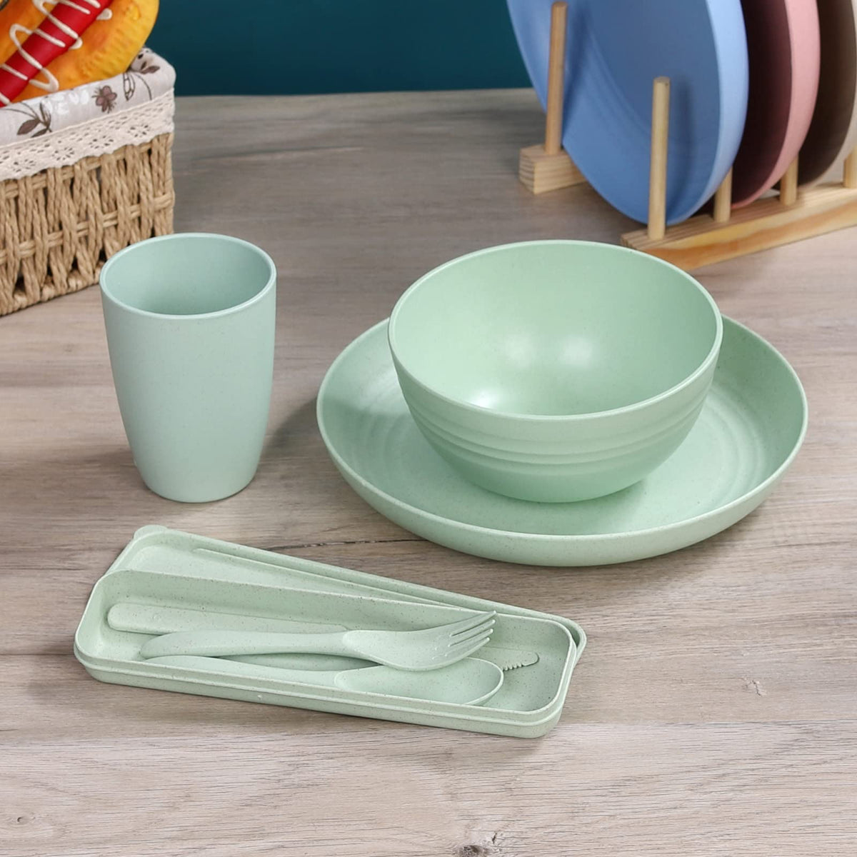 Wheat Straw Dinnerware Sets for 4, Wheat Straw Plates and Bowls Sets Kitchen Dishes 28pcs College Dorm Room Essentials Cutlery Set Microwave Safe (Colorful)