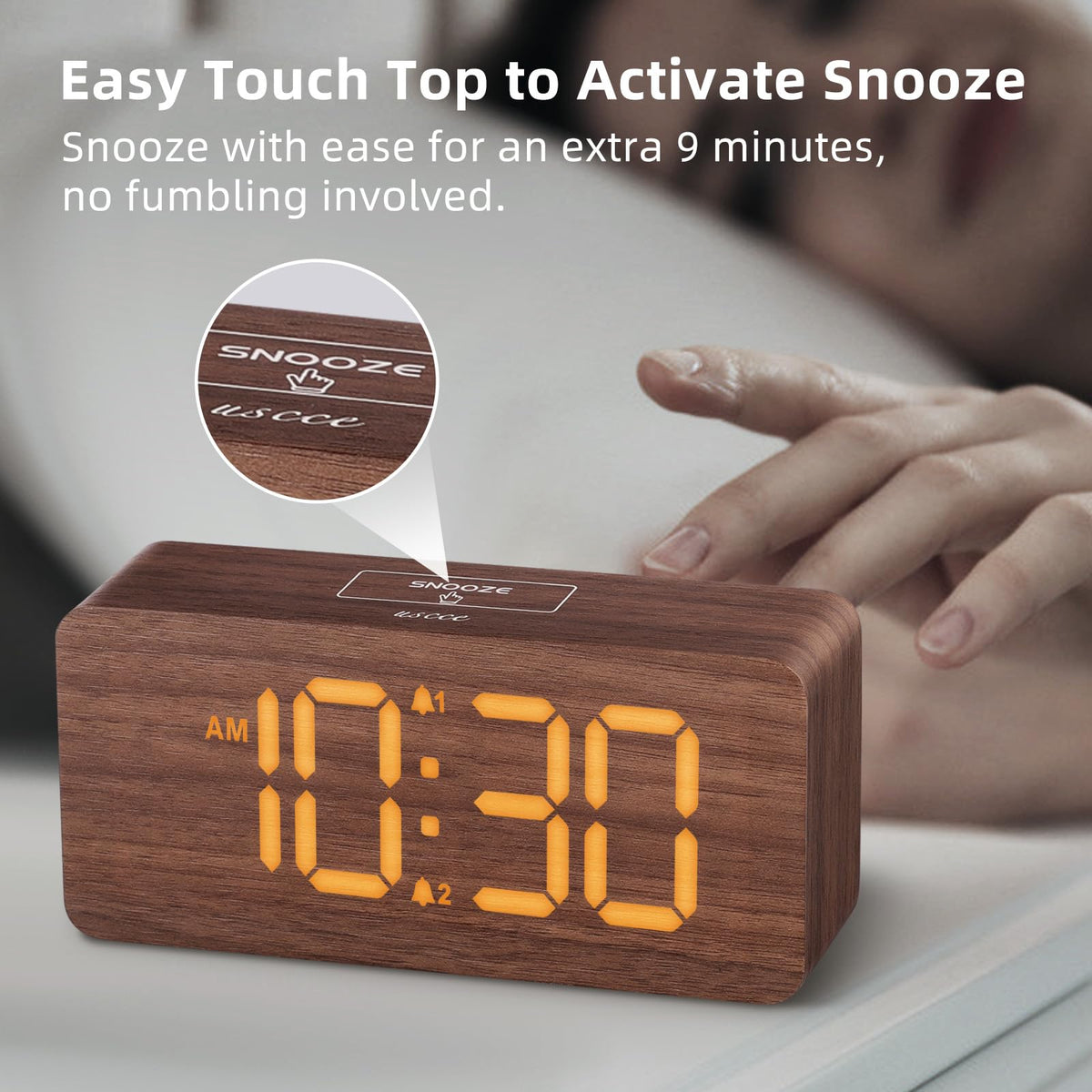 uscce Wooden Digital Alarm Clocks for Bedrooms: Dimmable Dual Alarm Clock with Large Numbers for Bedside Desk - Loud Alarm for Heavy Sleepers with Volume Control - Wood Decor & Gifts
