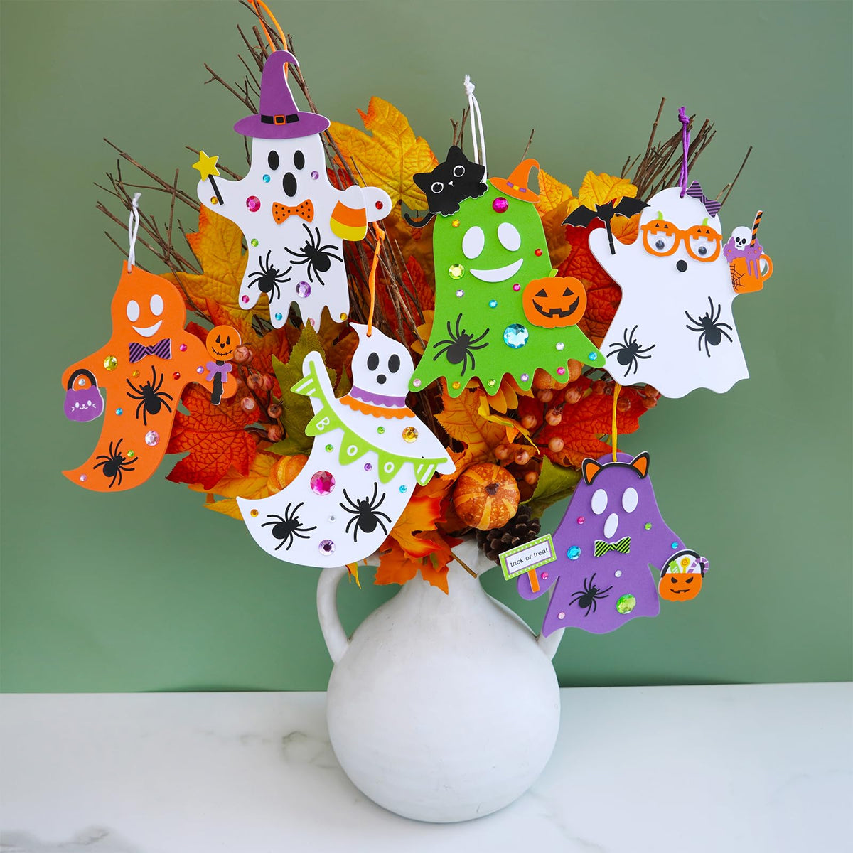 Winlyn 24 Set Fall Crafts DIY Halloween Ghost Tree Ornaments Decorations Kit with Foam Ghost Stickers for Kids Party Favors & Classroom Art Activities