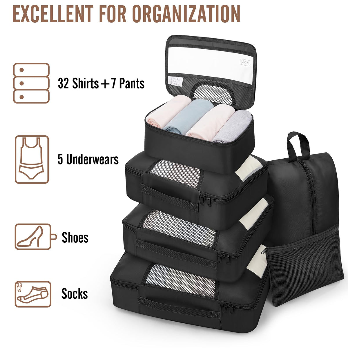 Veken 10 Set/8 Set Packing Cubes for Travel Essentials, Suitcase Organizer Bags in 4 Sizes, Carry-On Luggage Accessories with Laundry Bag & Passport Holder, Airplane Must Have, Camp Gifts for Men