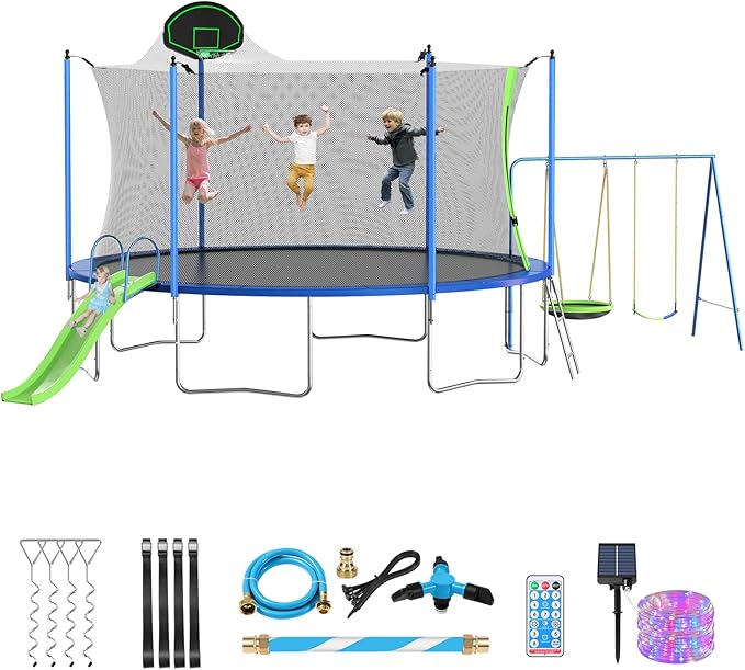 12FT 14FT Trampoline with Slide and Swings, ASTM Approved Outdoor Trampoline with Basketball Hoop and Ladder, Capacity for 5-7 Kids and Adults