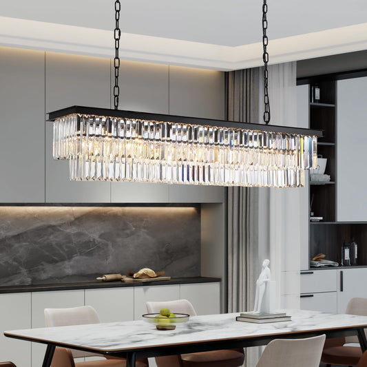 NOXARTE Rectangle Chandeliers for Dining Room, Modern Rectangular Crystal Chandelier Black 8 Lights Pendant Fixture for Kitchen Island Bar Living Room L47 Inch