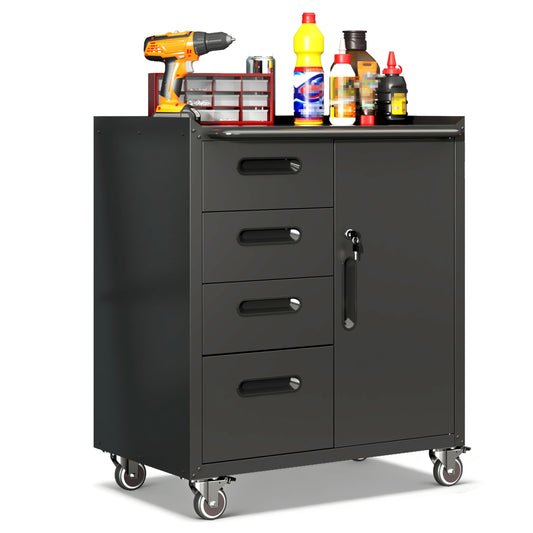 VIYET Garage Cabinets,Metal Garage Storage Cabinet with Wheels,Black Lockable Rolling Tool Cabinet with Drawer and Adjustable Shelves,Heavy Duty Tool Chest for Home Office Utility Room