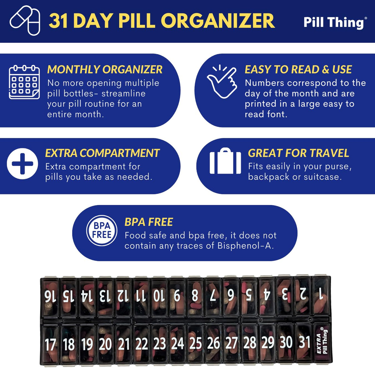 AM PM 31 Day Once-a Day Monthly Pill Planner Organizers - Large Compartment Pill Boxes Store Medications for Entire Month Plus Compartment for Extra Pills (AM/PM) (Am/Pm Black & Black)