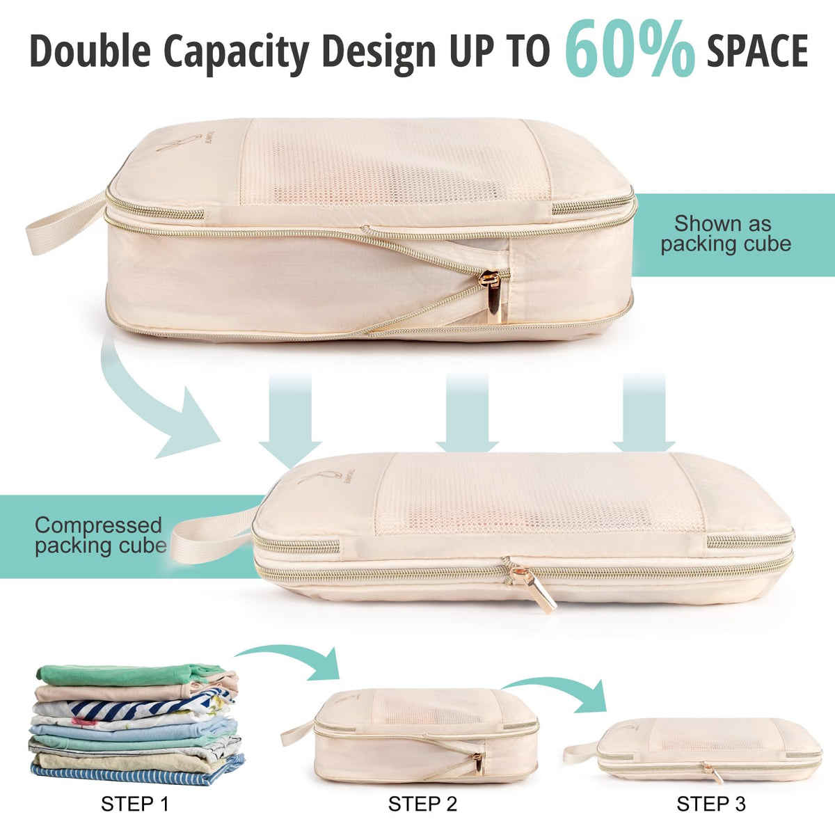 8 Set Compression Packing Cubes for Travel, Bunnychill Portable Zipper Packing Cube for Cloting, Expandable Space Saver Storage Luggage Organizer Bags for Suitcases(Beige)