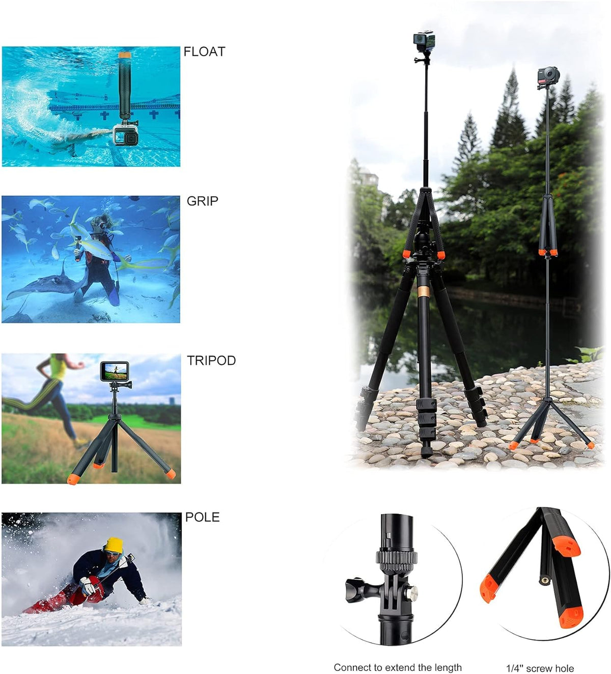 YALLSAME 13 12 11 10 9 8 6 5 4, EK7000, 4 1 Floating Selfie Stick for GoPro Hero Mini Max Fusion Session, DJI OSMO