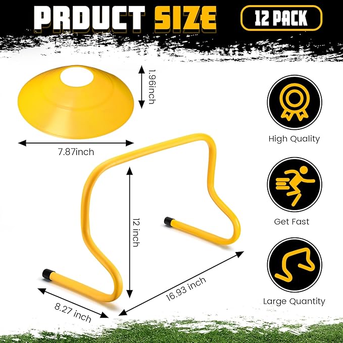 12 Pcs 12 Inch Agility Hurdles Training Equipment Agility Hurdles and Marker Cone Set Disc Cones Speed and Training Obstacle for Athletes Sports Soccer Football Tennis Basketball