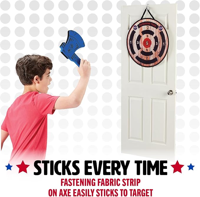 NSG Tomahawk Toss - Foam Axe Throwing Game for Kids - Two Lightweight Axes with Large Easy Stick Target, Wood/Black/red/Blue (JS7000)