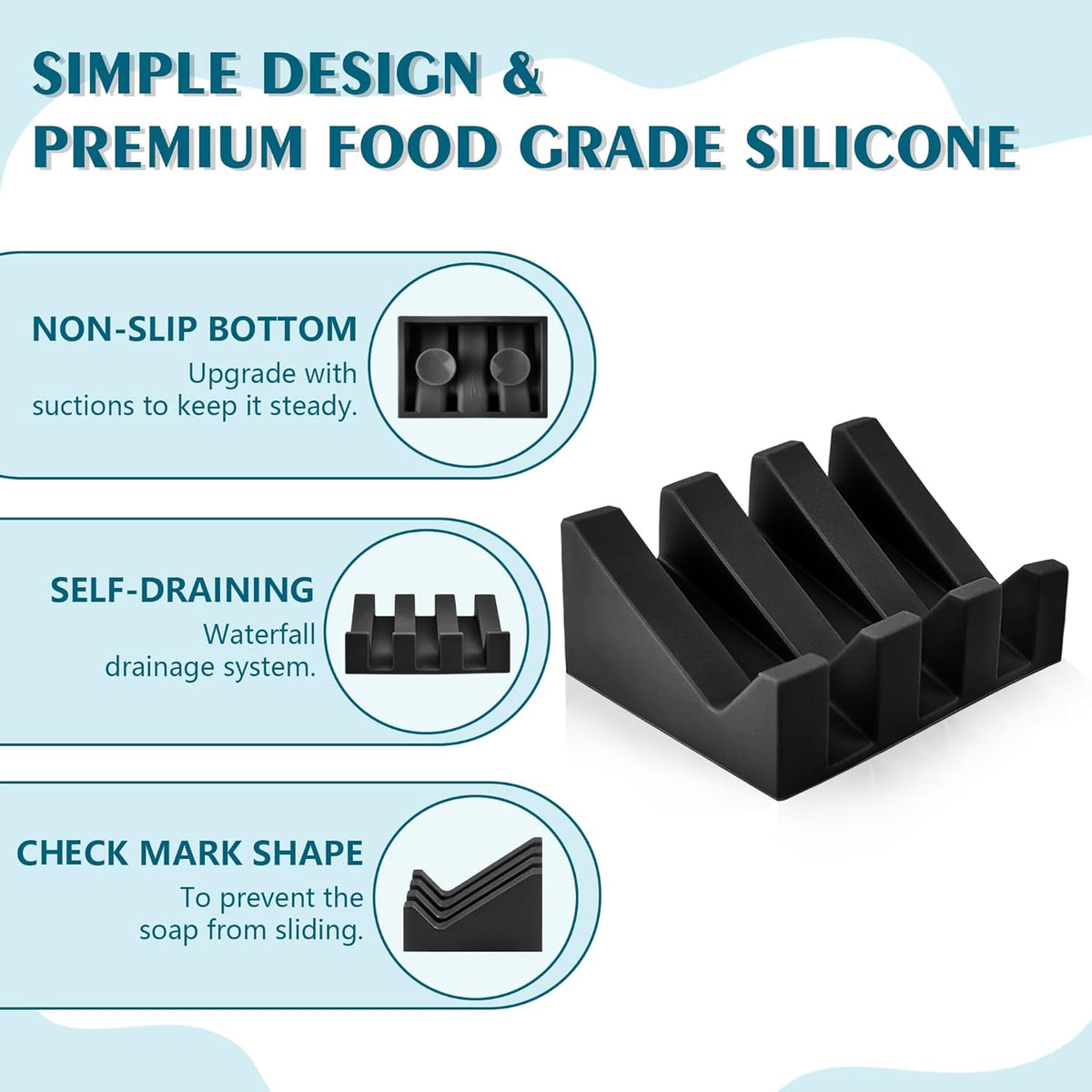 Skiennix Soap Dish Holder - Self-Draining Silicone Design with Suction Cup | Keeps Soap Dry (Black, 1 Pack)