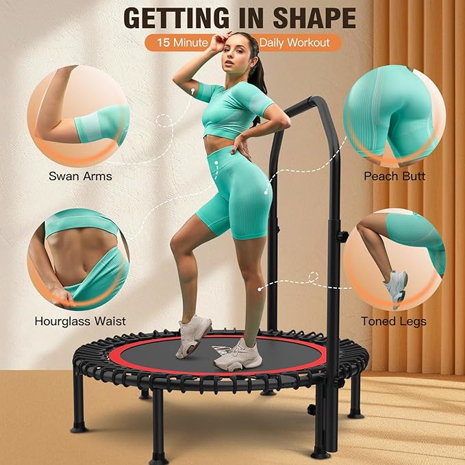 ANCHEER 40" Foldable Mini Trampoline,Max Load 450lbs/550lbs Indoor Trampoline,with 4 Level Adjustable Foam Handle and Resistance Bands,Adult Exercise Trampoline for Home, Garden, and Gym