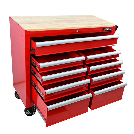 KEIKI 9 Drawer Rolling Tool Cart with Wooden Top, Metal Tool Cabinet with Wheels and Handle, Heavy Duty Storage Organizer for Garage Workshop (Red)
