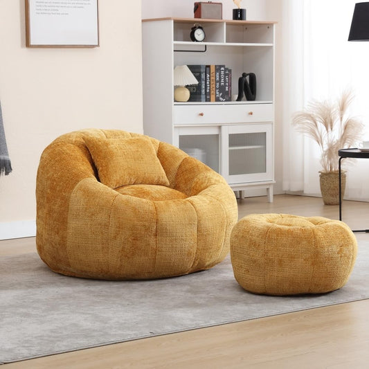 Chenille Memory Foam Filled Adult Bean Bag Chair with Ottoman & Comfortable Pillow | Mustard Yellow Color Lazy Sofa Boucle Super Soft Plush Recliner Lounger Livingroom Oversized Removeable Cover