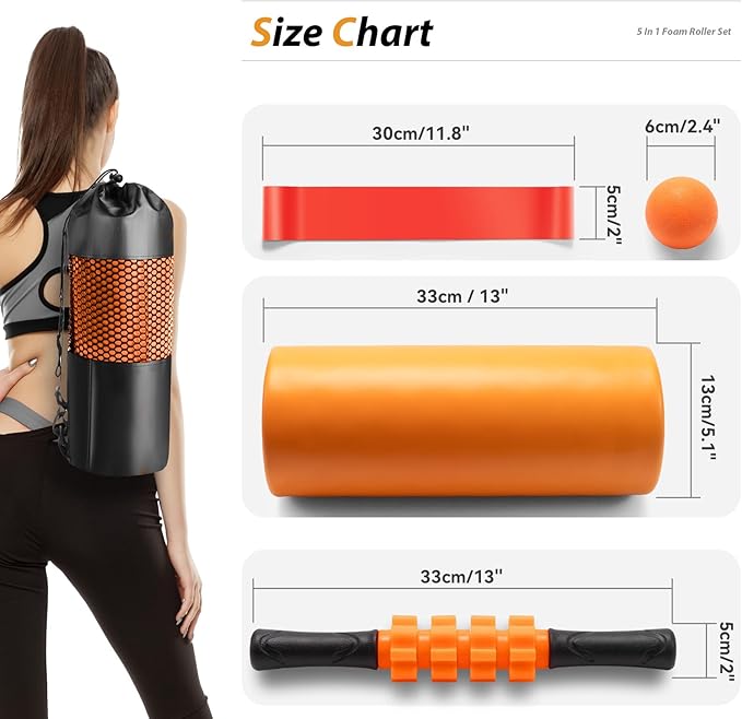5 in 1 Foam Roller Set - Trigger Point Foam Back Roller, Muscle Roller Stick, Massage Ball, Stretching Band for Deep Muscle Massage Pilates Yoga,Fitness Exercise for Whole Body Release (Pure Orange)