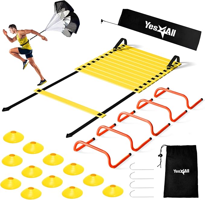 Yes4All Agility Ladder Speed Training Equipment Set - 1 Adjustable Agility Ladder, 12 Soccer Cones, 5 Hurdles, Jump Rope, Running Parachute - Speed & Agility Training Equipment for All Ages