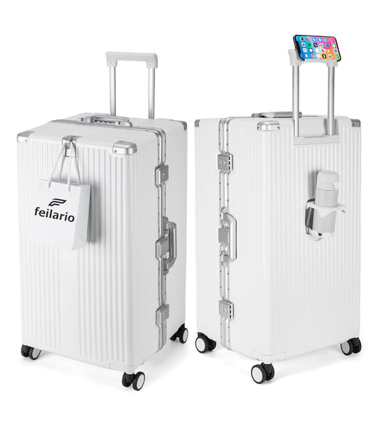 feilario 30in Super Large Captain Aluminum Frame Hardside Spinner Wheels Luggage, Removable Wheels Zipperless Checked Suitcase with Cup Holder/Phone Holder (Ivory White,30in)