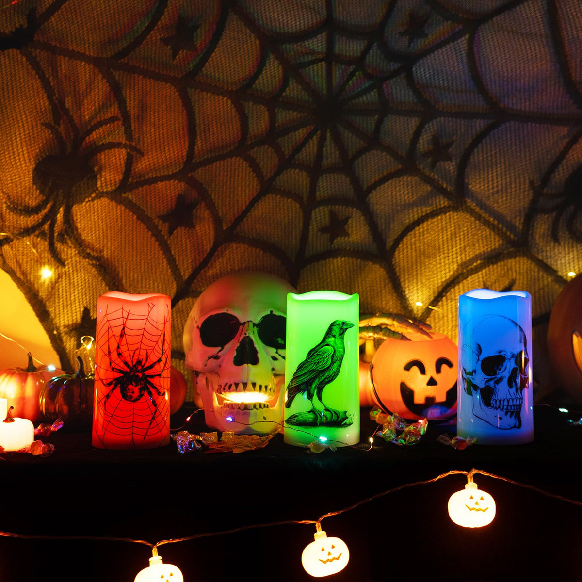 Homemory Halloween Candles, Color Changing Flameless Candle, Battery Opeated Candle, Outdoor Waterproof Plastic Candle with Remote and Timers, Skull, Crow, Spider, 13 Colors, Set of 3