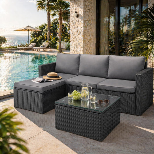 SUNLEI Patio Furniture Set with Detachable Soft Cushions, All Weather Outdoor PE Rattan Patio Conversation Sofa Set, Black Rattan/Grey