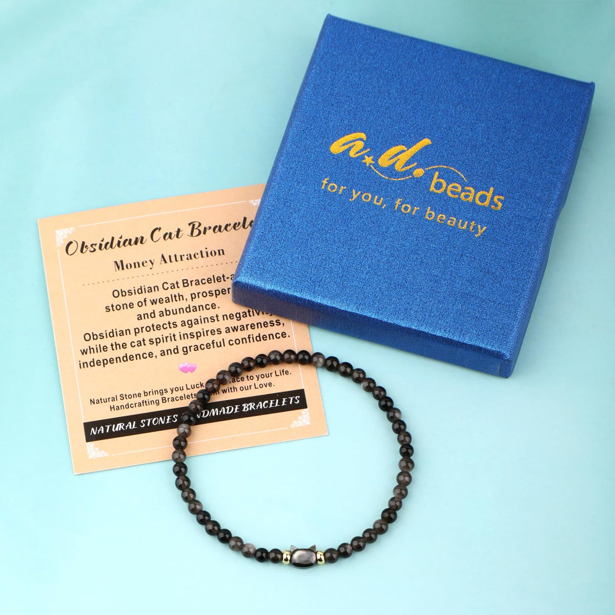 AD Beads 4mm Cat Head Silver Obsidian Bracelet – Attract Money, Abundance & Business Luck, Beaded Spiritual Energy Bracelet for Women and Men