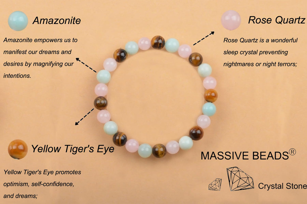 MASSIVE BEADS Yellow Tiger's Eye Rose Quartz Amazonite - Dream Handmade Handmade Yoga Stretch Elastic Bracelet Natural Stone Crystal Healing Power Energy Gifts for Unisex Adult 4mm