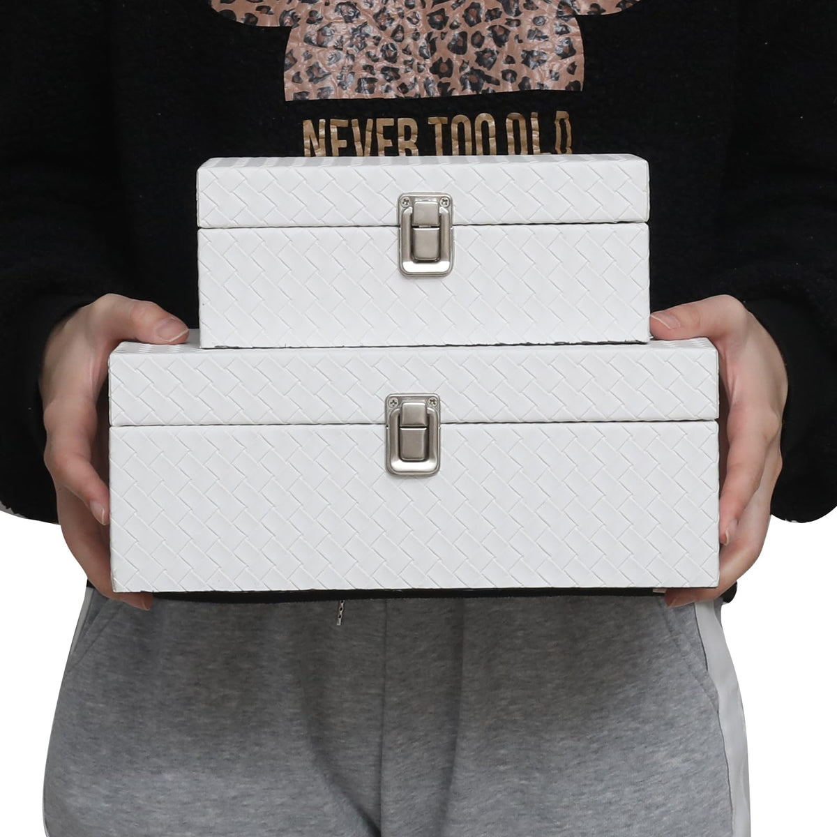 DECOR4SEASON Faux Leather Decorative Jewelry Storage Organizer Boxes Set of 2, White