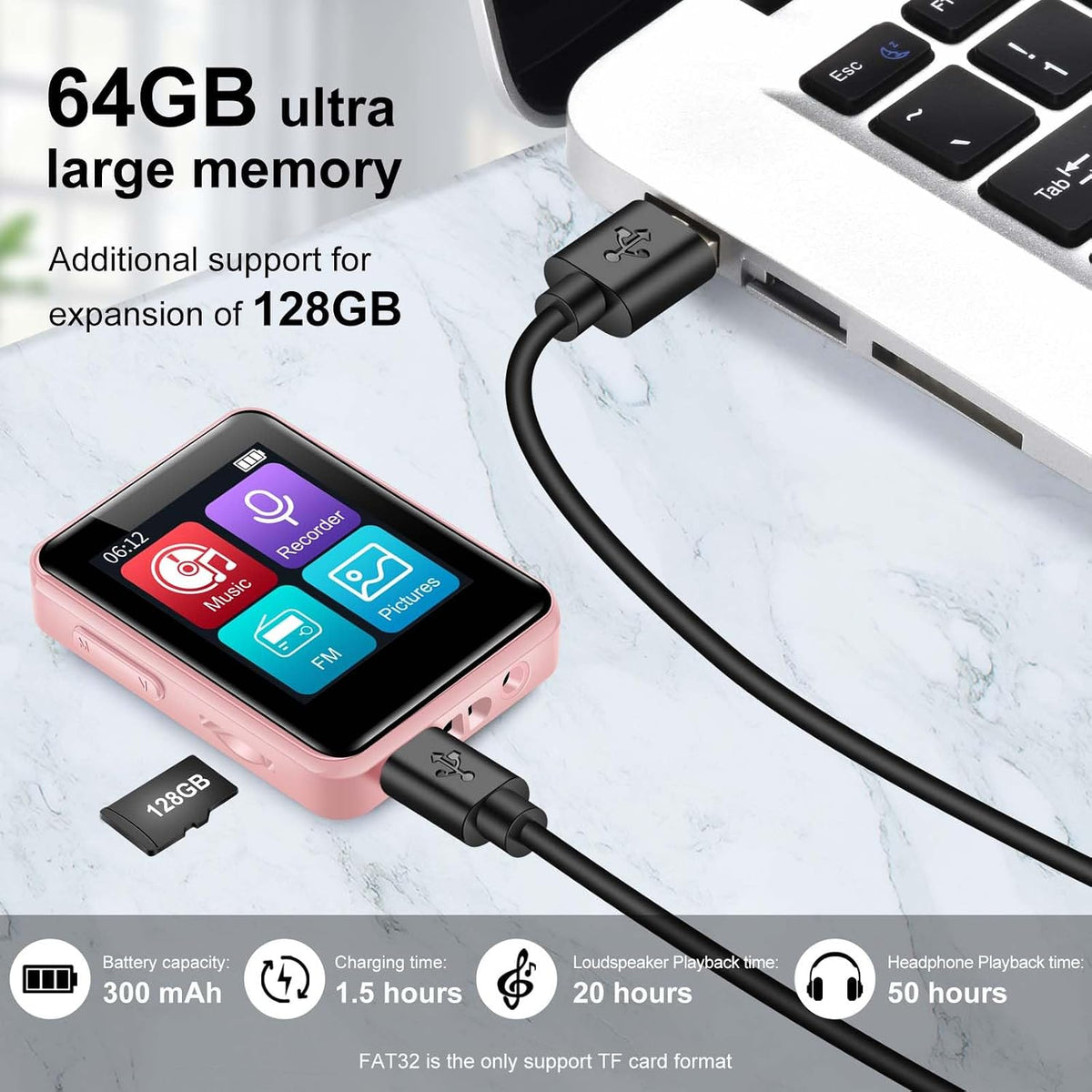 woolynew 1.8 inch 64GB MP3 512GB HiFi Portable Music Player, Equipped with Bluetooth Sport Player, FM Radio, Recording