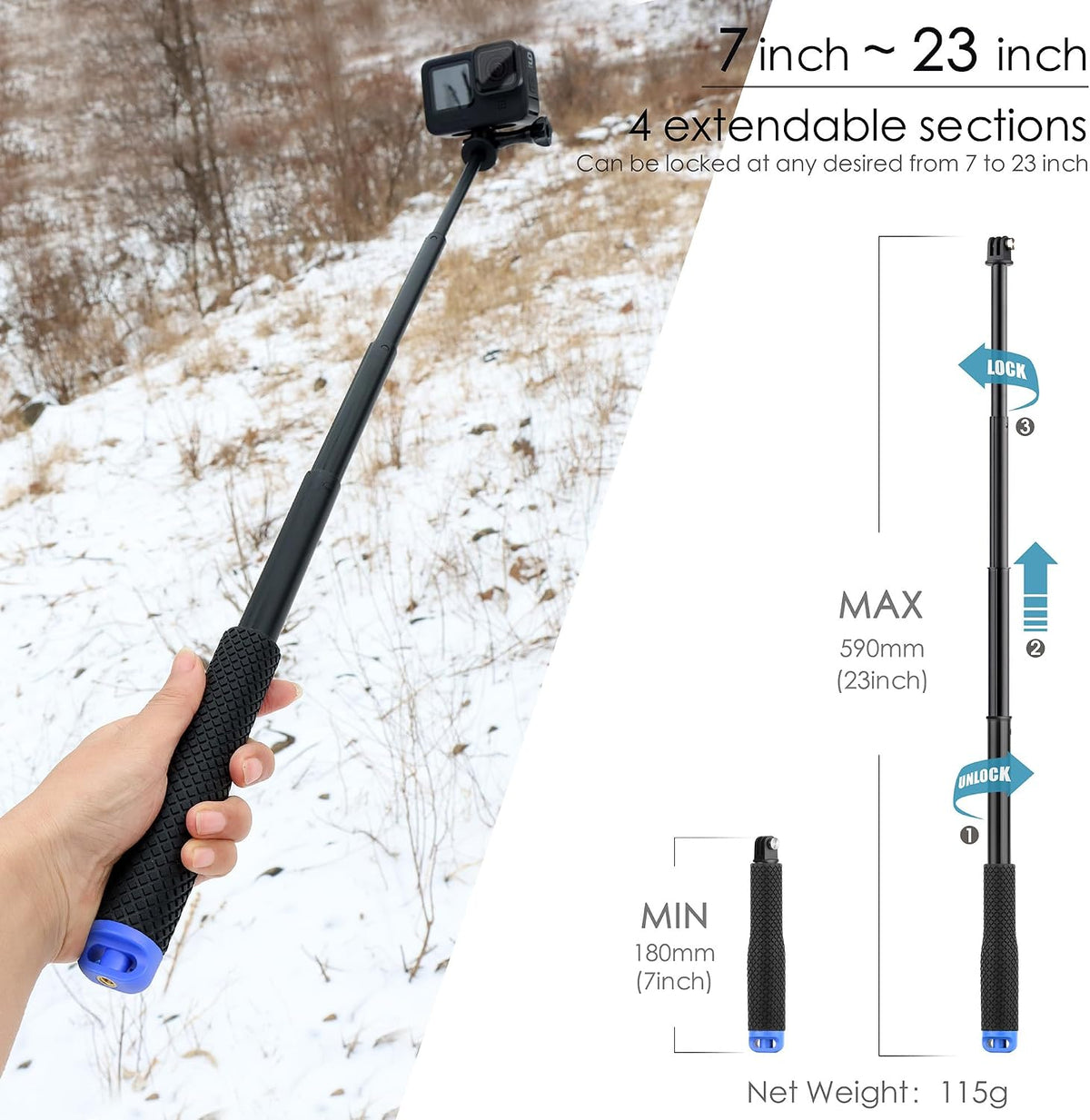 YALLSAME 7''-23'' 13 12 11 10 9 8 7 6/AKASO/DJI 6 5 4 3, Extendable Selfie Stick for GoPro, Waterproof Handle Grip