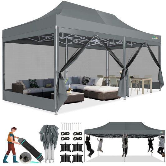COBIZI 10x20 Canopy Tent, Heavy Duty Pop up Canopy with Sidewalls, Waterproof Easy Setup Canopy with Mosquito Netting, Outdoor Instant Screen Tents for Parties, Wedding with Roller Bag, Gray